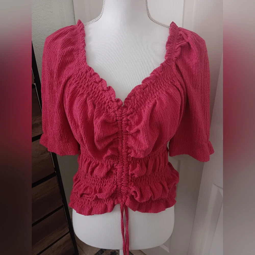 Anthropologie Pilcro Puff Sleeve Ruched Cinched Waist Top In Rose Pink. Size M